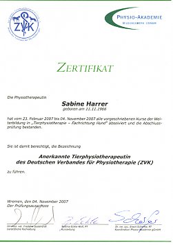 Zertifikat Tierphysiotherapeutin